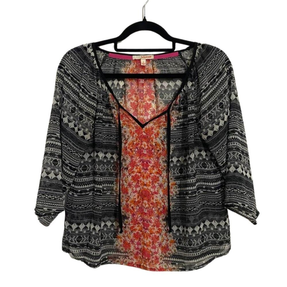 Hollywould Bohemian Sheer Blouse Top Size Small S - Floral Geometric Peasant